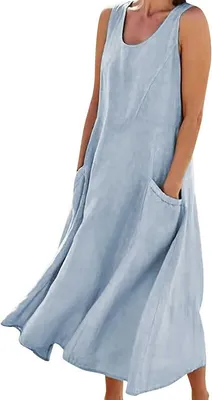 Produktbild von ASKSA Damen Sommer Baumwoll Tankkleid Einfarbig A-Linie Strandkleid Lose Kleider Sommerkleid mit Taschen, Hellblau, 4XL