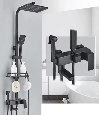 Obrázok produktu pre Kompletný sprchový systém - ABS sprchová súprava - 4 funkcie - Hlavová sprcha a ručná sprcha - Štvorcová dažďová sprcha - Nastaviteľná dažďová sprcha - Matná čierna