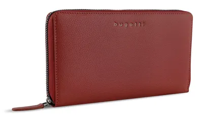 A red leather wallet with a zipper closure.