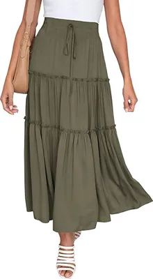 Produktbild von ASKSA Damen Elegant Maxirock Elastische Hohe Waist Rock A-Linie Ruffle Hem Kordelzug Swing Maxi Skirt, Armeegrün, M
