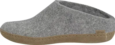 A single grey slipper with a brown sole is shown from the side against a white background.
