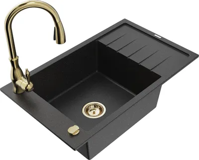 Produktbild von Mexen Elias 1 Becken-Granitspüle mit Abtropffläche und Mischbatterie Savita, Schwarz/Silbermetallic- 6511-73-672601-50