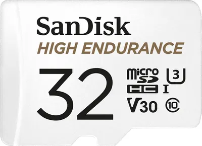 A close-up studio shot of a SanDisk 32GB microSDHC card.