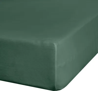 A close-up, angled view of a dark green fitted sheet.