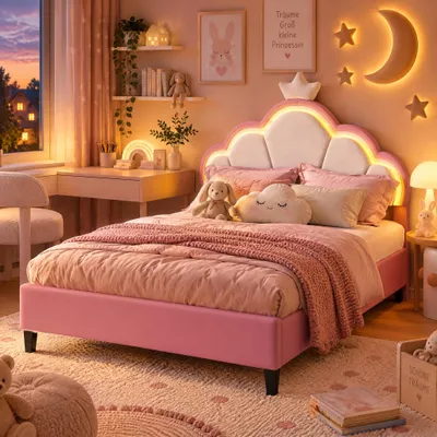Productafbeelding van Kinderbed 90x200 cm, prinsessenbed met LED-verlichting, gestoffeerd bed met kroonmotief, enkelbed frame, verstelbaar hoofdeinde, fluweel, roze