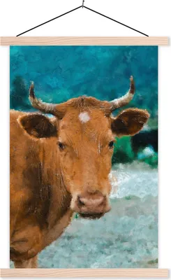 Produktbild von MuchoWow® Textilposter Kuh - Braun - Horn 60x90 cm mit holzfarbenen Rahmen - Textil