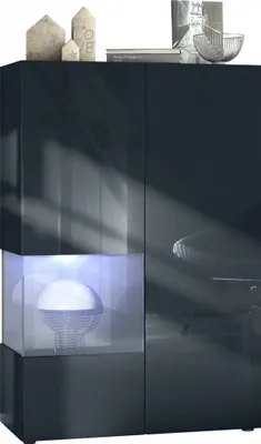 Produktbild von Vladon Vitrine Morena V2, Germany, Standvitrine mit 2 Türen und Glaseinsatz, Schwarz matt, Fronten Schwarz Hochglanz, Cube Grau Hochglanz inkl. LED-Beleuchtung Weiß (91,5 x 136,5 x 37 cm)