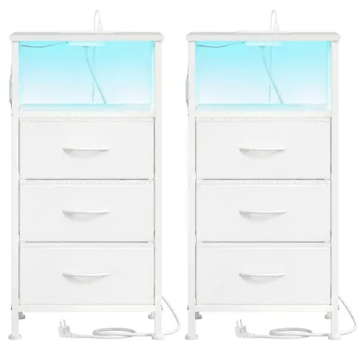 Obrázok produktu pre Sada dvoch nočných stolíkov s LED osvetlením a nabíjacou stanicou | Biela | 39,6 x 30 x 75,9 cm
