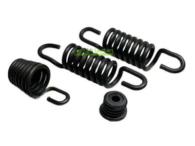 A set of black springs and a black rubber component on a white background.
