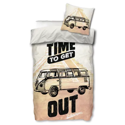 A bedding set with a VW bus graphic and text.