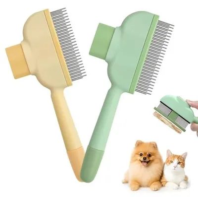 Produktbild von Fellblitz Bürste Katze, 2 Stück selbstreinigende Katzenbürste mit Auslöseknopf und Flohkamm für Katzen und Hunde, feinzahniger Kamm zum Entwirren