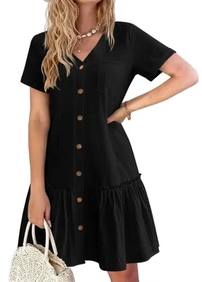 Produktbild von Sommerkleid V-Ausschnitt - Lässig - A-Linie - Kurze Ärmel - Knielang - Einfarbig
