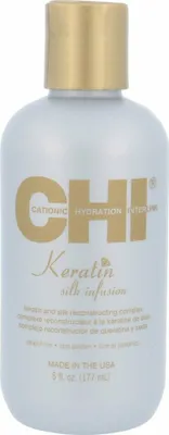 A bottle of CHI Keratin Silk Infusion hair treatment.