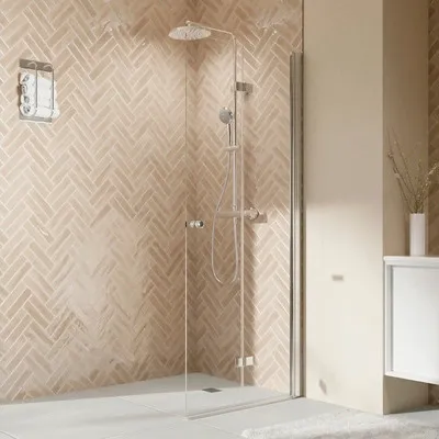 Produktbild von Walk In mit Drehfalttür BREUER Elana 2.0 90 x 200 cm Profil rund silber Klarglas Türanschlag rechts Puffergriff