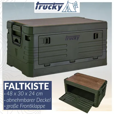 Grüne Plastikkiste mit Trucky Logo, geschlossen und offen