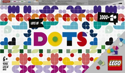 The image shows the packaging of a LEGO DOTS XXL set, featuring colorful geometric patterns and the LEGO logo.