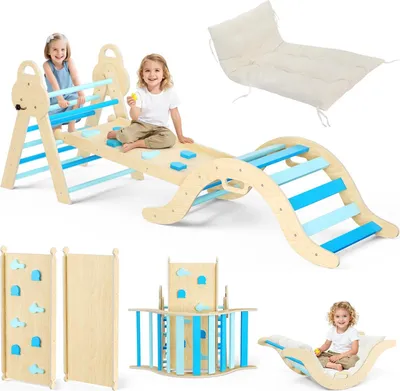 Image de Structure d'escalade pour enfants - Aire de jeux intérieure 7-en-1 - Structure d'escalade en bois avec toboggan - Gym pour bébé - Bois naturel Montessori