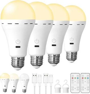 Image de Ampoule LED E27 - 3 températures de couleur - avec télécommande / fonction de recharge / fonction minuterie / intensité variable - éclairage de secours sans fil pour l'intérieur et l'extérieur - lot de 4