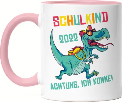 Produktbild von Schulkind 2022 Achtung Ich Komme Tasse Rosa Einschulungsgeschenk T-Rex Dinosaurier Fans 1. Klasse