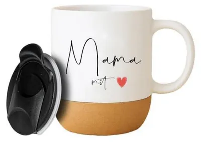 Produktbild von Kaffeetasse mit Deckel und Korkboden 400 ml Keramik Geschenk für Mama