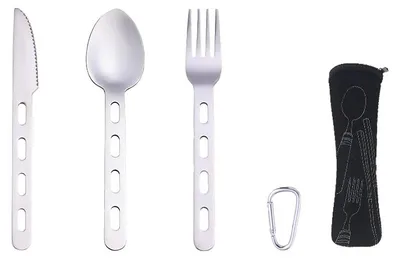 Produktbild von Campingbesteckset Edelstahl, 3-teilig, mit Tragetasche und Karabiner, für Outdoor und Picknick