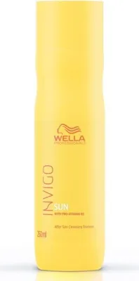 A yellow bottle of Wella Professionals INVIGO SUN shampoo.