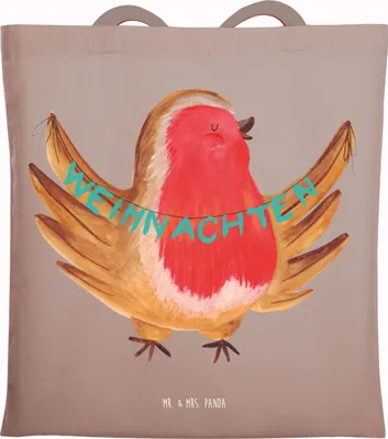 Produktbild von Mr. & Mrs. Panda Schultasche Rotkehlchen Weihnachten - Braun Pastell - Geschenk, Frohe, Vogel, Shopping Tasche, Einkaufstasche, Tote Bag, Weihnachtsgruß, Xmas, Winter