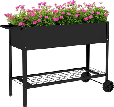 Image de Outsunny Jardinière sur Pieds Potager dim. 109L x 39l x 80H cm étagère 2 Roues + Insert d'irrigation métal Noir