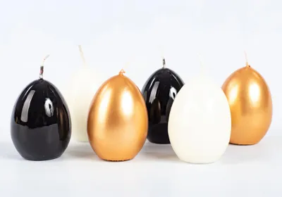 Produktbild von INNA-Glas Ostereier Kerzen LEONITA, 6 Stück, gold-schwarz-elfenbein, 6cm, 4,5cm, 7h - Germany - Deko Kerzen