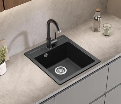 Produktbild von Helika® Granitspüle NOVA 46 x 51 cm in Schwarz inkl. Chromventil und Siphon, Einbau