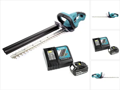 A cordless hedge trimmer with a battery and charger, displayed against a white background.