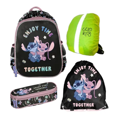 Produktbild von Goldkids - Schulranzen für Jungen und Mädchen, 4er-Set - Schul-Rucksack für Kinder mit Federmäppchen - Schuhbeutel - Stitch Motiv- 1-3 Klasse