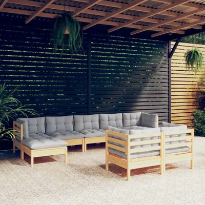 Immagine prodotto di The Living Store Set da 9 pezzi per salotto da giardino con cuscini grigi in legno di pino massiccio