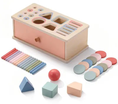 Obrázok produktu pre Omgoods – Drevená Montessori súprava hračiek s mincami a boxmi na guľôčky