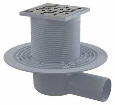 Zdjęcie produktu dla AlcaDrain Bodenablauf 105×105/50 mm mit einem waagrechten Abgang, Edelstahl Rost, Geruchsverschluss mit Sperrwasser