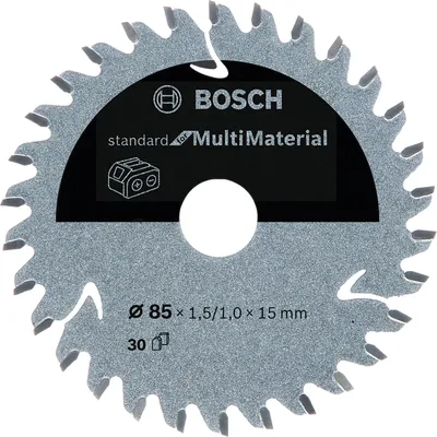 A close-up of a circular saw blade with brand and product information.