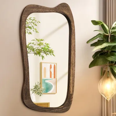Imagen del producto de Espejo de pared con marco de madera, 90 x 60 cm, de diseño asimétrico, ideal para baños