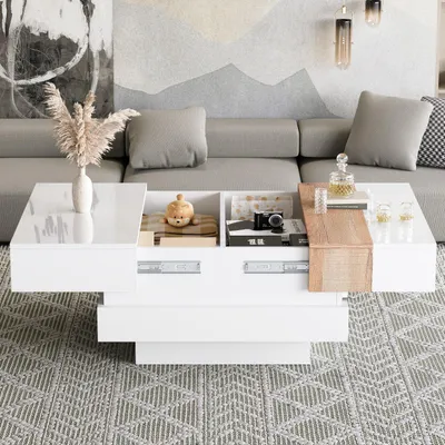 Produktbild von Couchtisch 70 x 70 x 39 cm, 100% Spanplatte, Weiß + Originalholzfarbe, mit ausziehbarer Tischplatte und verstecktem Stauraum