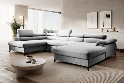 Produktbild von Wohnlandschaft U-Form Schlafsofa BASTIEN in Stoff Whisper Hellgrau Ottomane Rechts