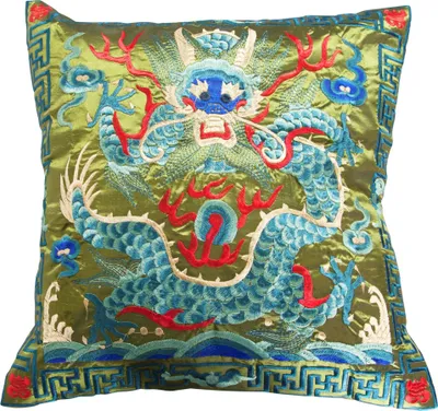 Zdjęcie produktu dla Fine Asianliving Chińska Poduszka Ręcznie Haftowany Zielony Smok 45x45cm Bawełna Japoński Orientalny Styl Azjatycki
