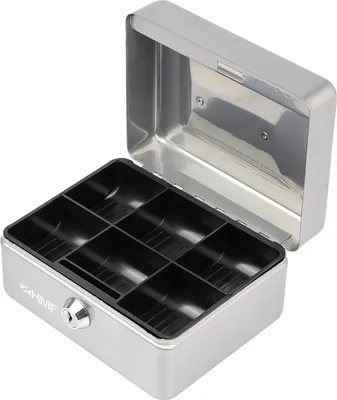 Produktbild von HMF Geldkassette, silber, 15x12x8 cm, Münzeinsatz, Modell 10215-09, kratzfest pulverbeschichtetes Stahlblech, sechs Münzfächer, 0,6 kg