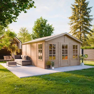 Image de TIMBELA M736 Abri de Jardin en Bois 370 x 480 cm, Cabanon Extérieur avec 3 Fenêtres en Verre Trempé, Porte Vitrée, Bardeaux Bitumés, Grande Cabane sans Plancher
