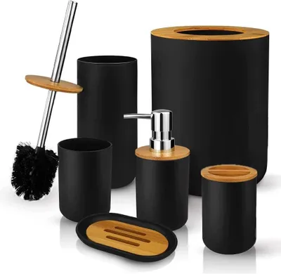 Image de Ensemble de salle de bain en bambou comprenant 6 pièces : distributeur de savon et porte-brosses à dents
