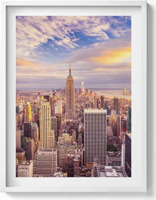 Produktbild von Sonnenuntergang in New York– Wandbild mit Rahmen – Gerahmtes Bild  – Wanddekoration – 60x80 cm –  Weiß Rahmen