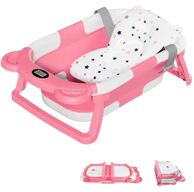 Produktbild von Babybadewanne, weiches Unterstützungskissen, Echtzeit-Thermometer, Rosa