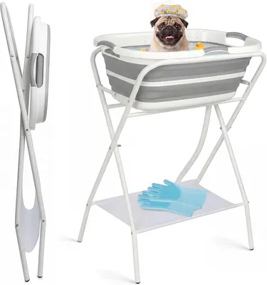 Produktbild von 2 in 1 Hundebadewanne Waschstation, erhöhte Haustierbadewanne, zusammenklappbare und tragbare Badewanne für Hunde, Katzen Baden, Dusche und Fellpflege, drinnen und draußen