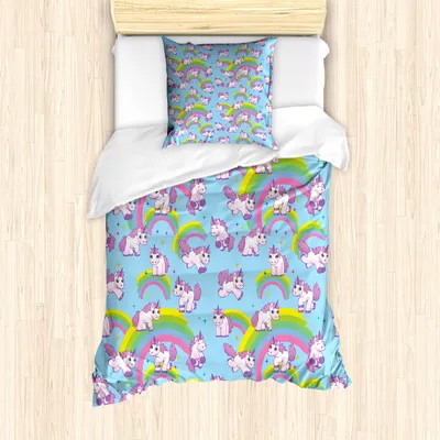 Produktbild von ABAKUHAUS Einhorn Mantele, Cartoon Childish, Milbensicher Allergiker geeignet mit Kissenbezügen, 135 cm x 200 cm - 80 x 80 cm, Mehrfarbig