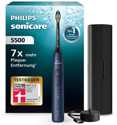 Zdjęcie produktu dla Philips Sonicare 5500 series Series 5500 HX7113/01 Ładowana szczoteczka do zębów, Dorosły, Soniczna szczoteczka do zębów, Wybielający, 62000 ruchów na minutę, Niebieski, 2 min, 4 x 30 sec