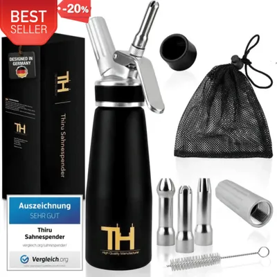 Produktbild von Thiru Sahnespender 500ml inkl. 3 Edelstahl Tüllen - Sahnesyphon mit E-Book – Schwarz - 3 GRATIS Kapseln