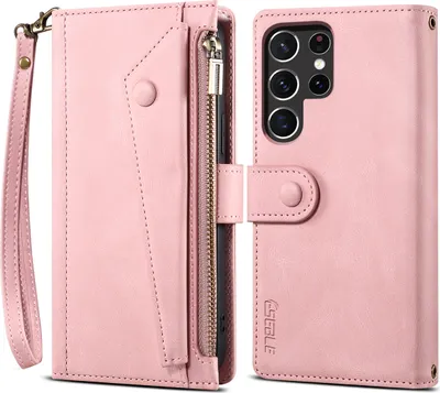 Produktbild von Schutzhülle für Samsung Galaxy S22 Ultra 5G Reißverschluss Hülle, Leder Klapphülle Kartenfach Standfunktion Brieftasche mit Trageband Rosa